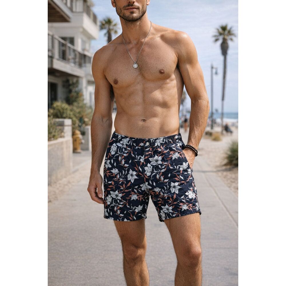 Rag & Bone New York Brown Black Floral Swim Shorts Trunks   Mens Size Small